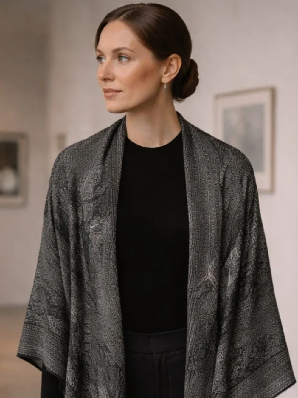 Wrap Yourself in Elegance: Black & Silver Paisley Patterned Scarf/Shawl